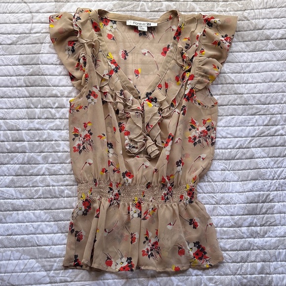 Forever 21 Floral Ruffle Blouse - Beige and Red - Picture 1 of 2